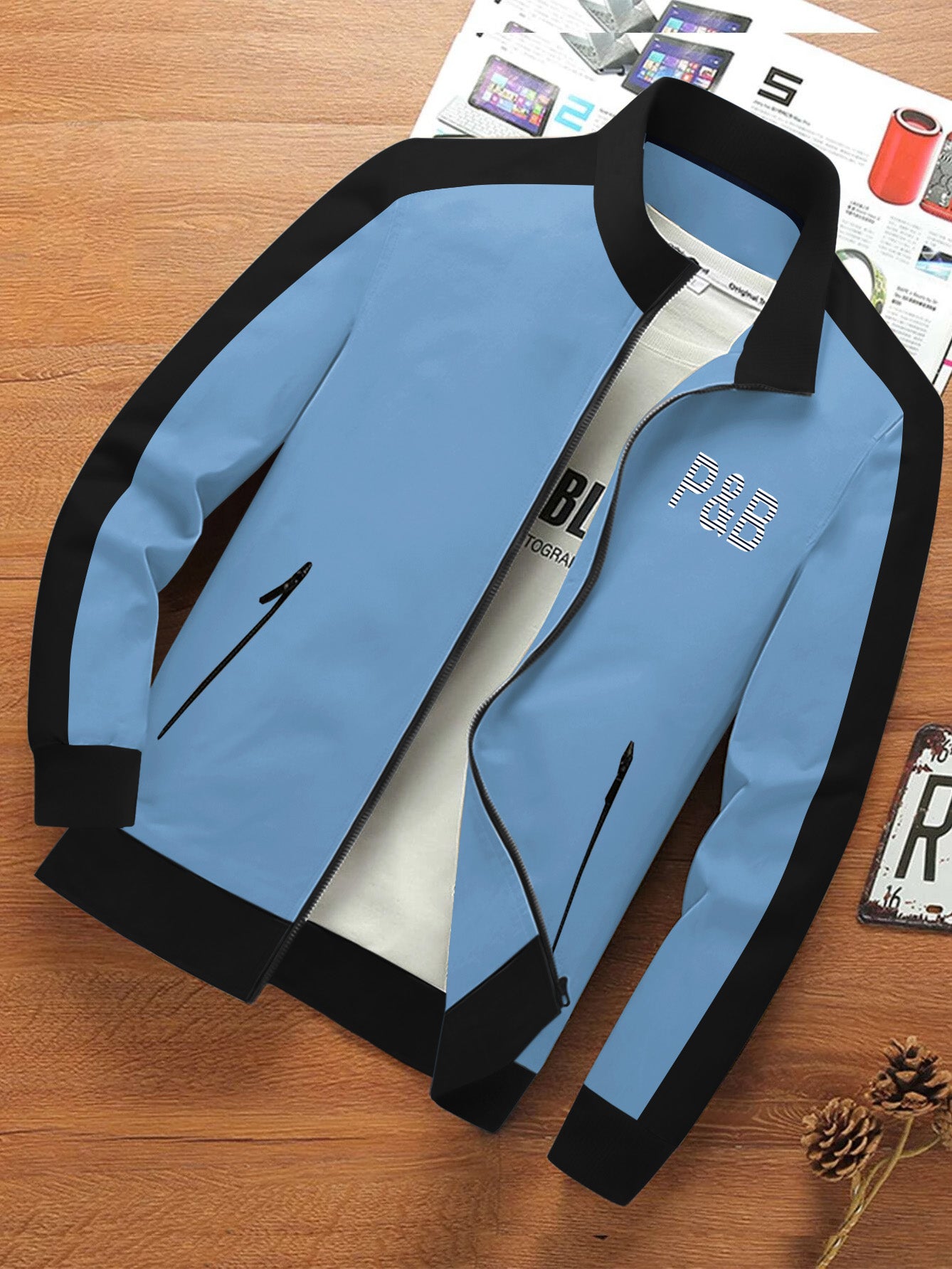 P&B Terry Fleece Zipper Mock Neck Jacket For Men-Sky with Black-BE484/BR1260
