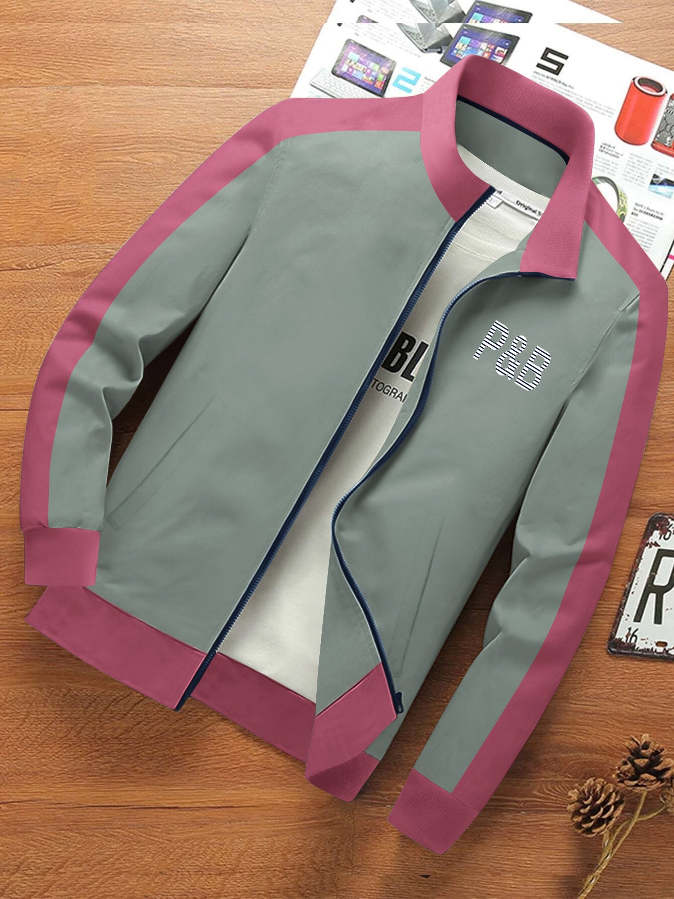P&B Fleece Zipper Mock Neck Jacket For Men-Slate Green with Pink-BE503