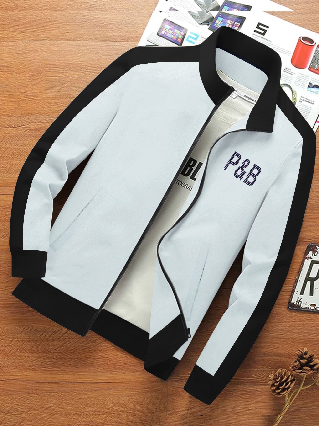 P&B Terry Fleece Zipper Mock Neck Jacket For Men-Ice Sky with Black-BE495/BR1273