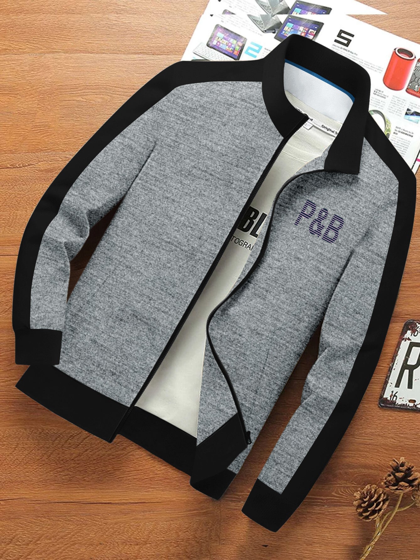 P&B Fleece Zipper Mock Neck Jacket For Men-Grey Melange with Black-BE551