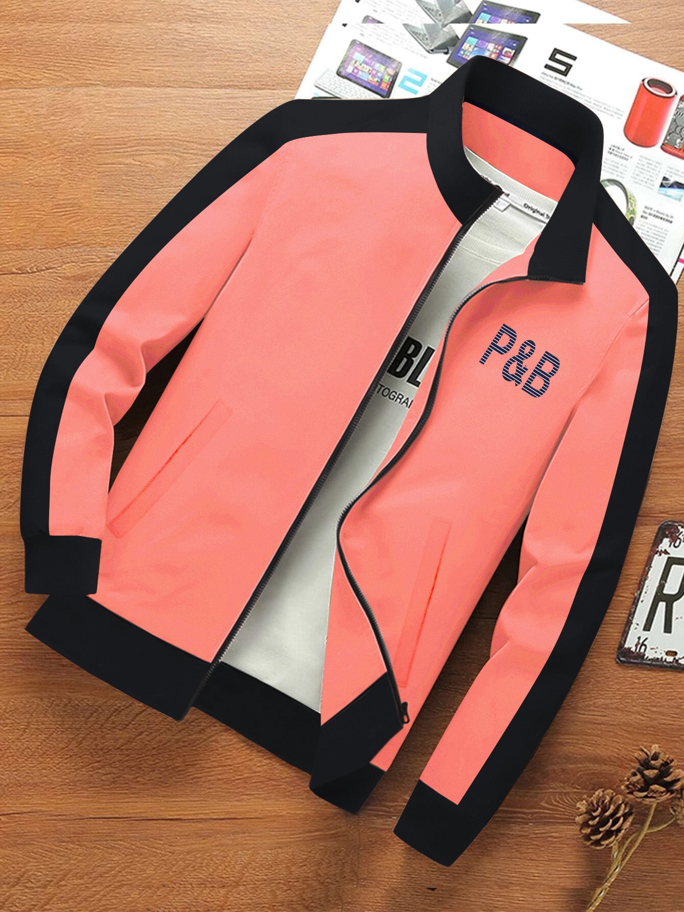 P&B Fleece Zipper Mock Neck Jacket For Men-Peal Orange with Black-BE534