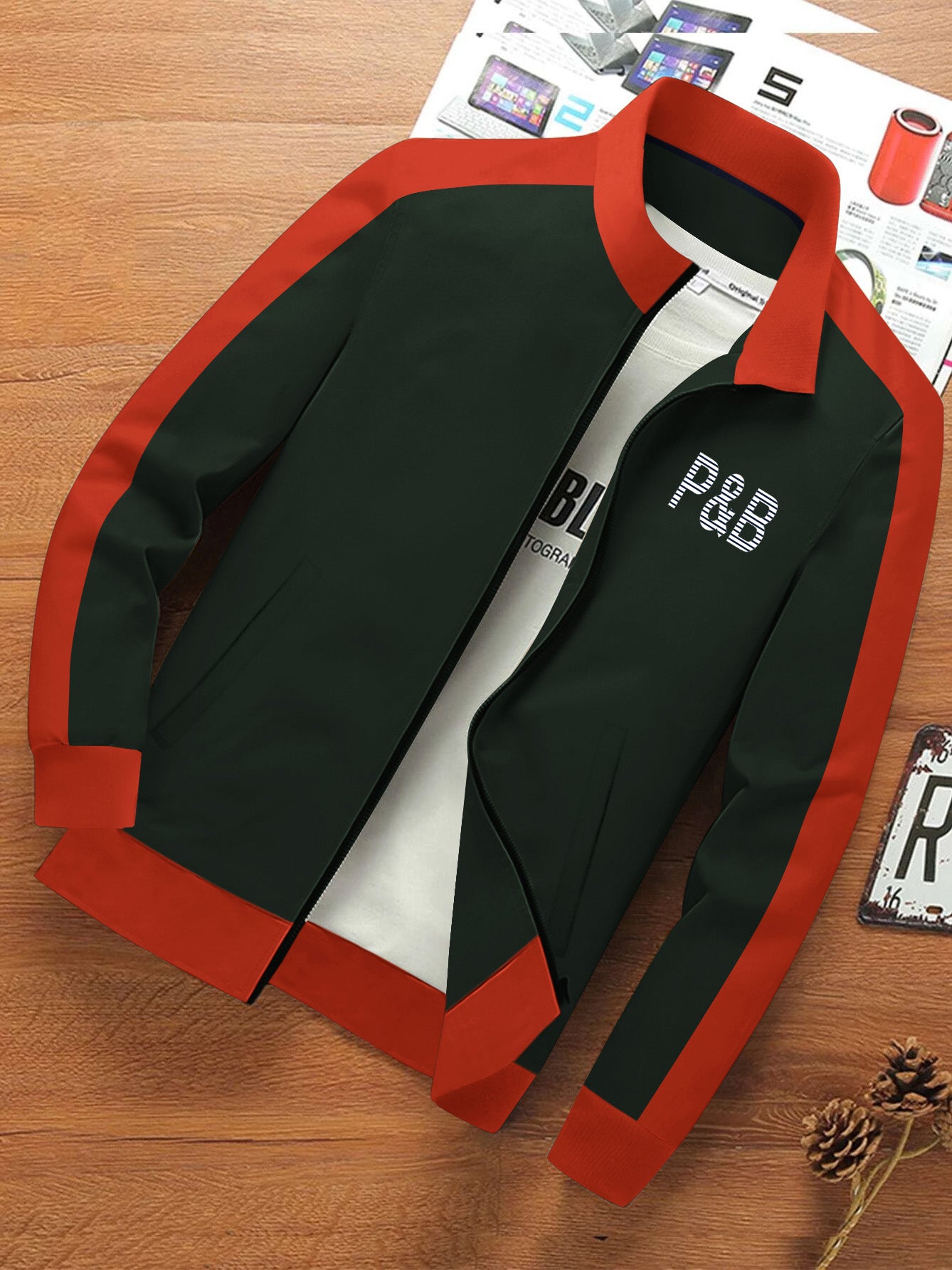 P&B Fleece Zipper Mock Neck Jacket For Men-Olive Green with Orange-BE504