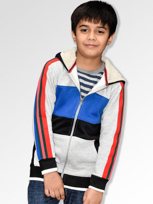 NXT Inner Hood Fur Fleece Full Zipper Hoodie For Kids-Grey with Black & Blue Panels-BR14425