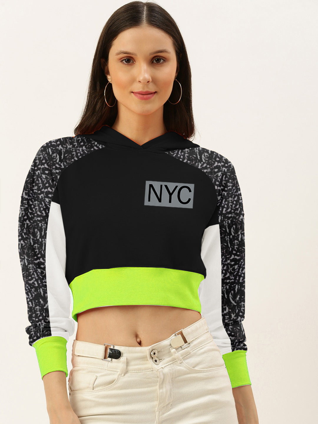 NYC Polo Fleece Short Length Pullover Hoodie For Ladies-Black & White-SP1490