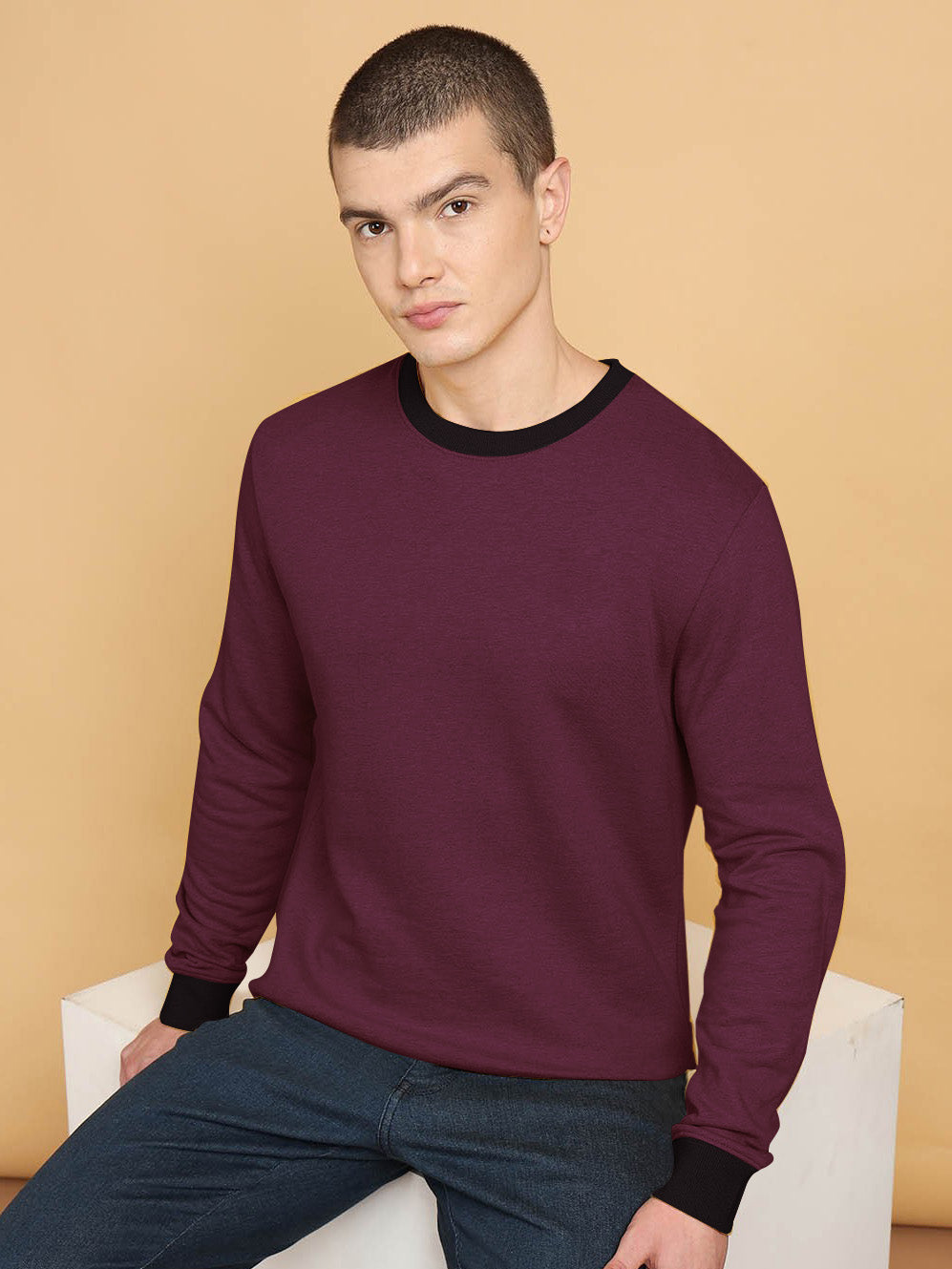 Upgrade Fashion Terry Fleece Funky Style Sweatshirt For Men-Burgundy with Black-BE2361