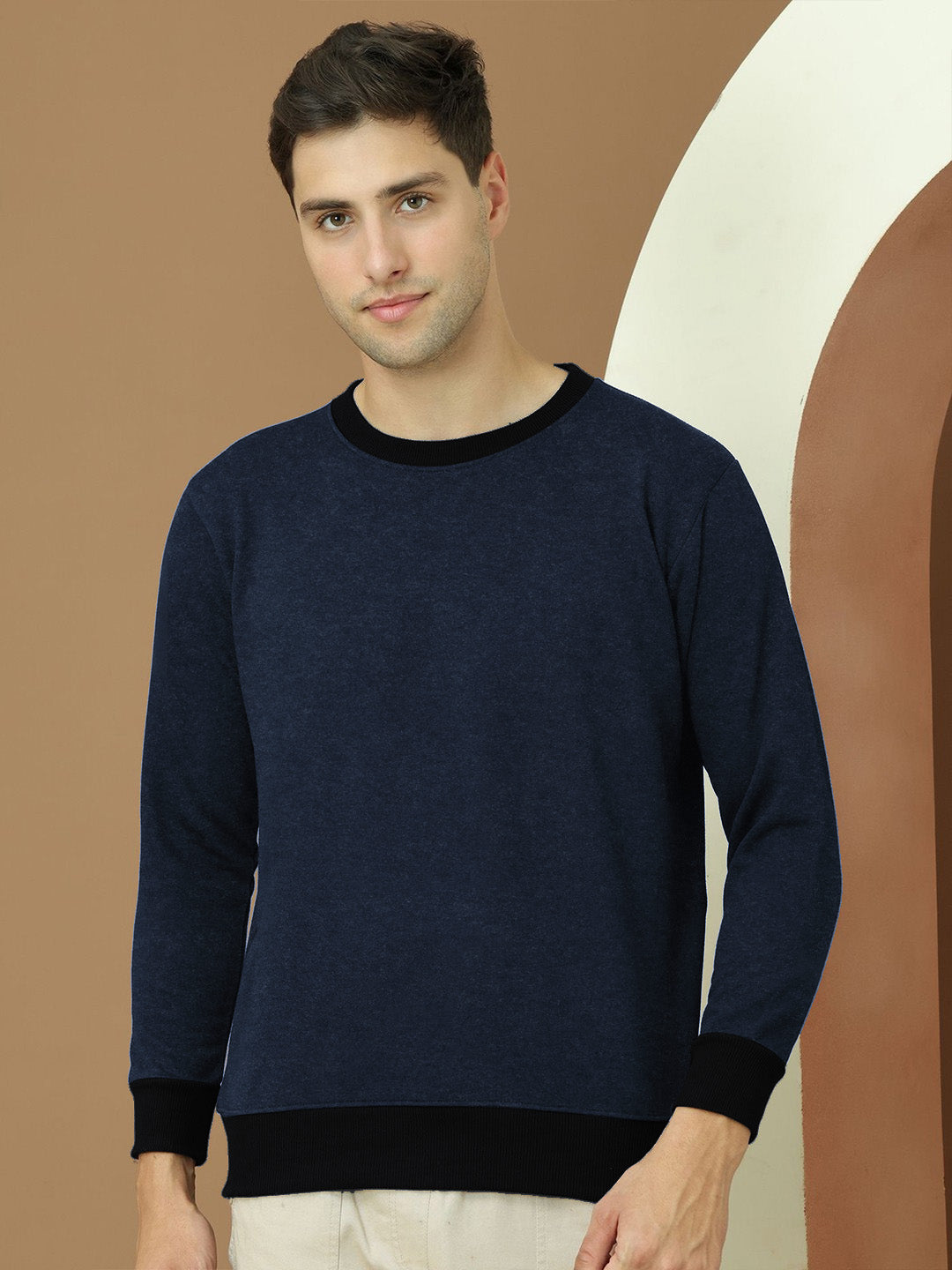 Upgrade Fashion Terry Fleece Funky Style Sweatshirt For Men-Navy Melange with Black-BE2498