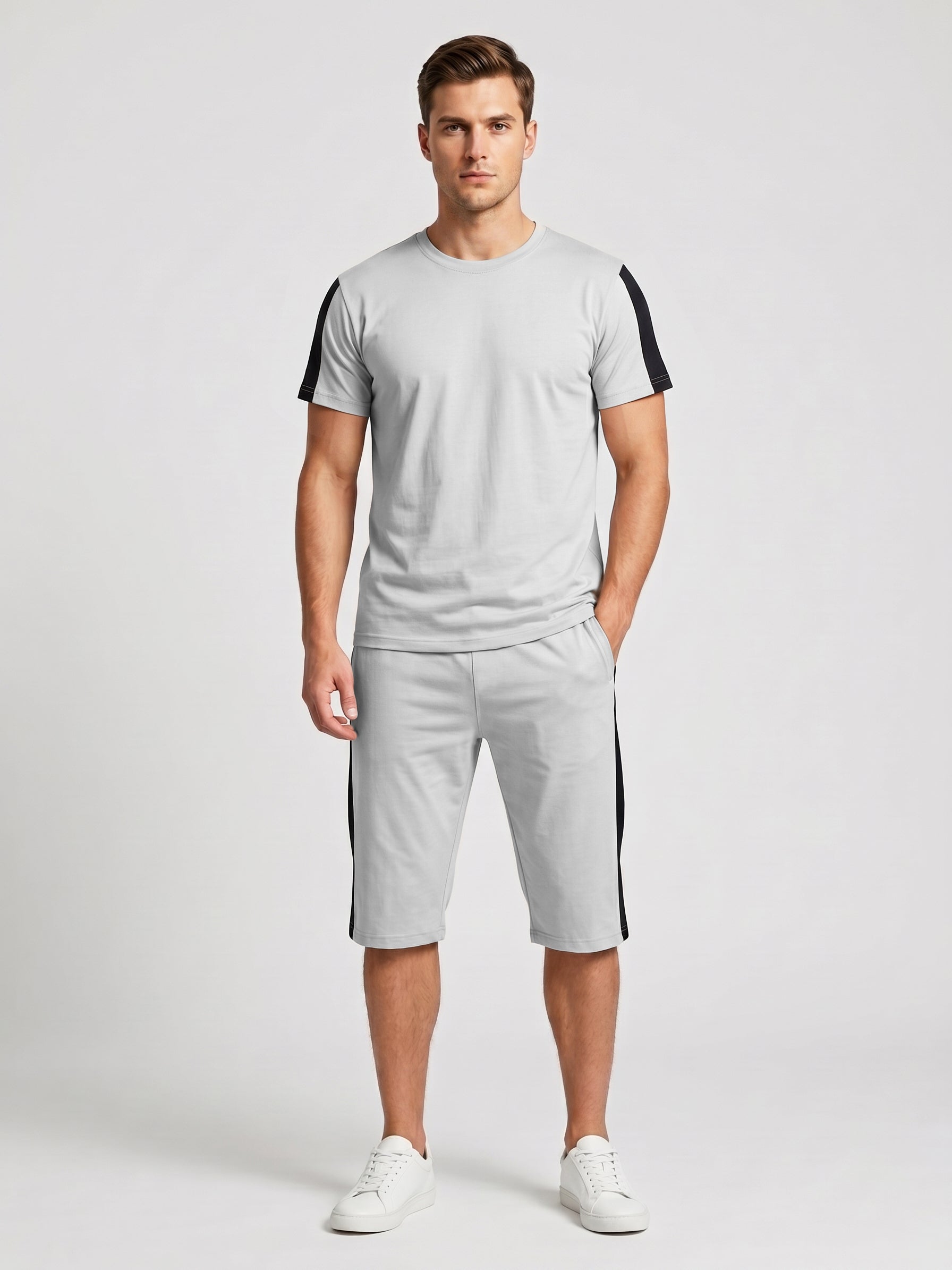 Summer Co Ord Set For Men-Light Grey-BE5183