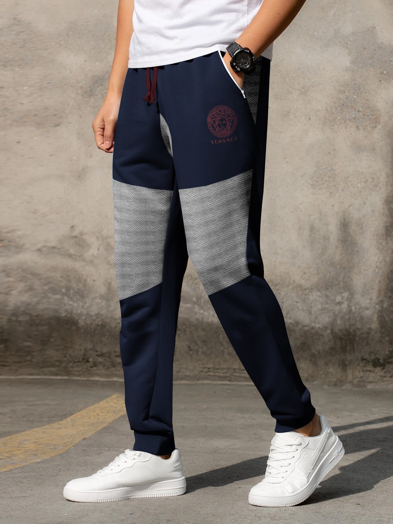 VERCSE Terry Fleece Jogger Sweatpant For Men-Navy with Texture Panel-BE2649