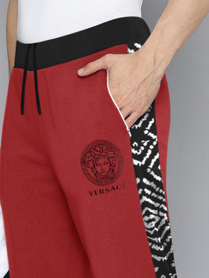 VERSACE Terry Fleece Jogger Sweatpant For Men-Carrot Red with With & Black Panel-BE2704