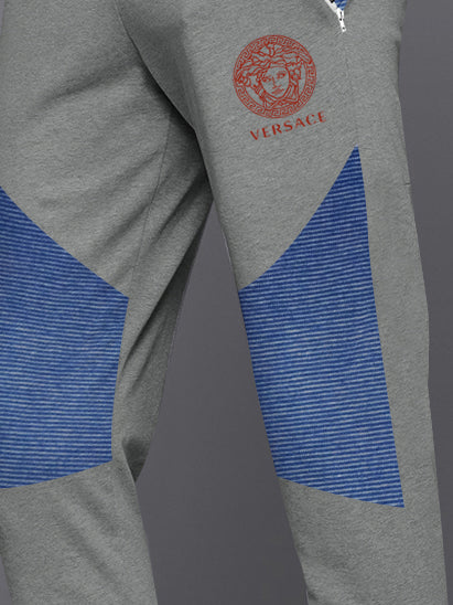 VERSACE Terry Fleece Jogger Sweatpant For Men-Grey Melange with Blue Lining Panels-BE2603