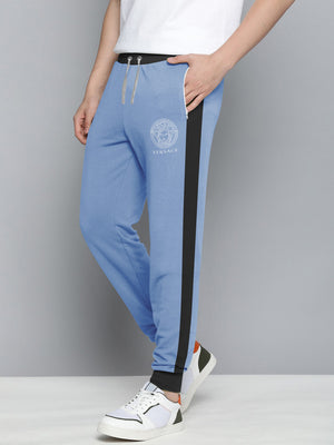 VERSACE Terry Fleece Jogger Sweatpant For Men-Light Blue with Black Panel-BE2703