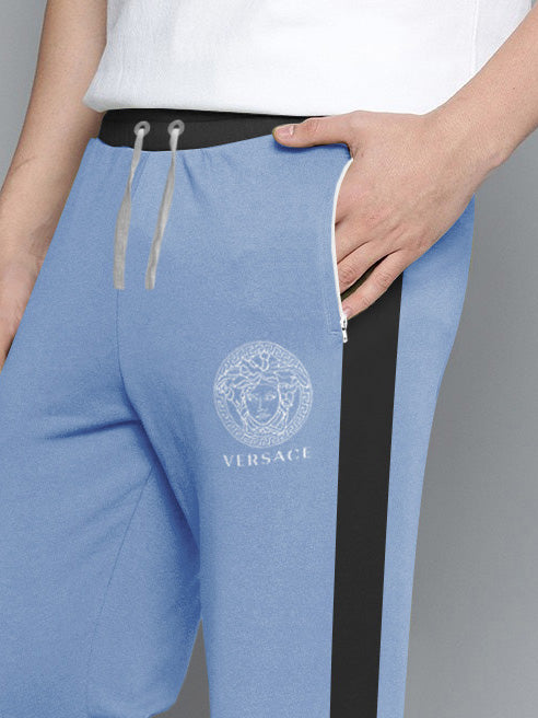 VERSACE Terry Fleece Jogger Sweatpant For Men-Light Blue with Black Panel-BE2703