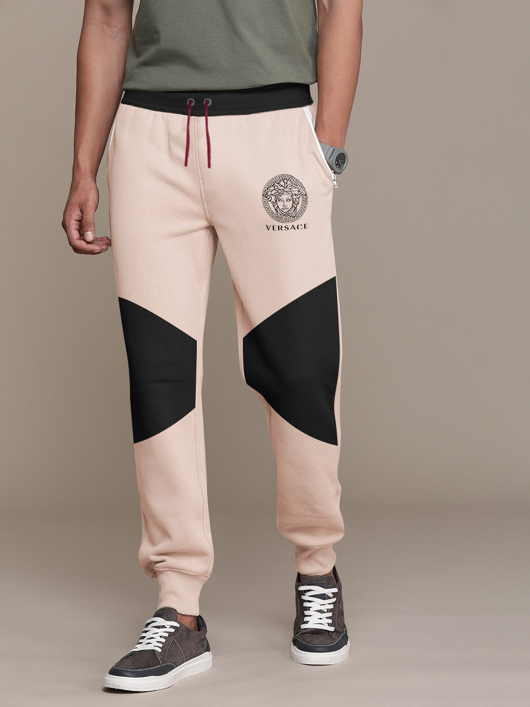 VERSACE Terry Fleece Jogger Sweatpant For Men-Peach with Black Panel-BE2711