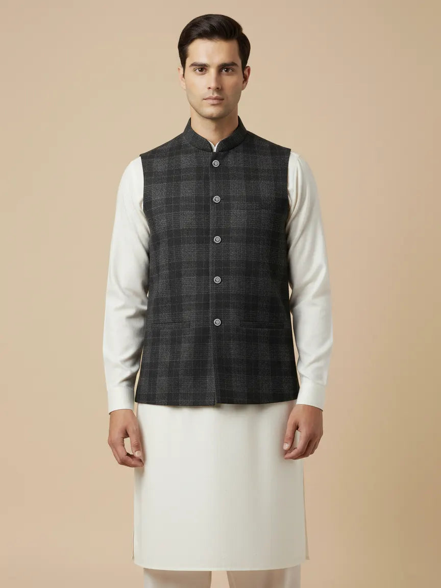 Men’s Premium Wool Waistcoat Black & Checked-WC16