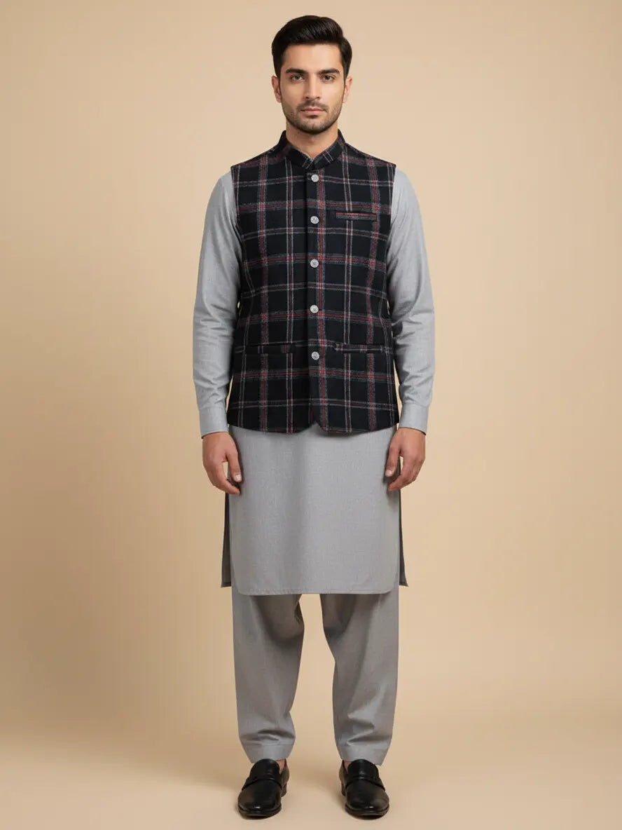 Men’s Premium Wool Waistcoat Black & Checked-WC15