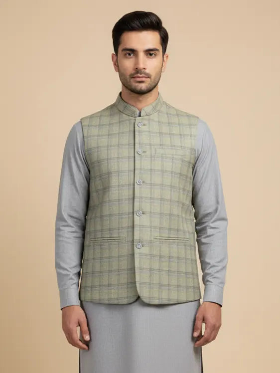 Men’s Premium Tropical Waistcoat Light Grey Checked-WC14