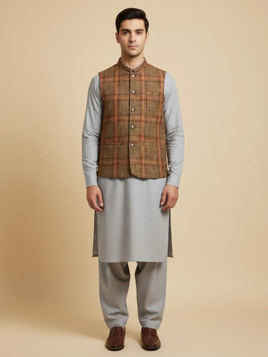 Men’s Premium Tweed Waistcoat Light Brown-WC08