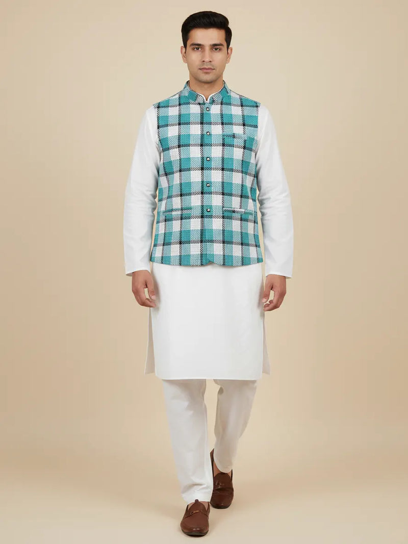 Men’s Premium Checkered Tweed Waistcoat Blue & White-WC02