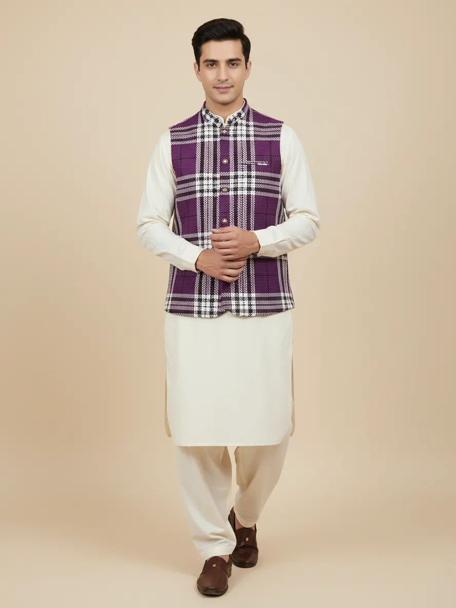 Men’s Premium Checkered Tweed Waistcoat Purple & White-WC01