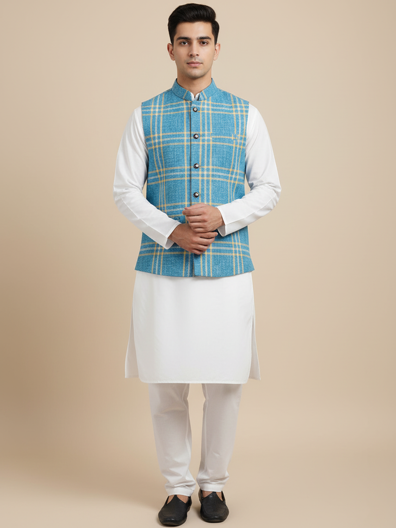 Men’s Premium Checkered Tweed Waistcoat Blue-WC03