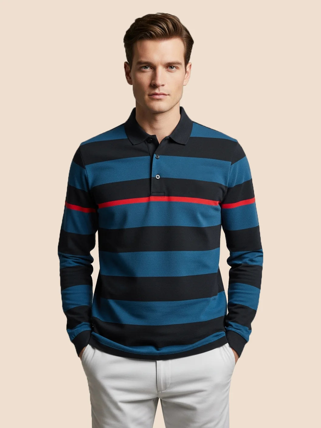 Louis Vicaci Long Sleeve Polo Shirt For Men-Dark Blue with Orange & Navy Stripe-BE79/BR898