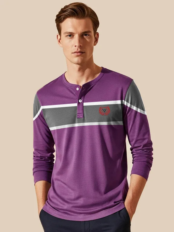 Louis Vicaci P.Q Long Sleeve Henley Shirt For Men-Purple with Dark Grey Melange Panel-SP1750