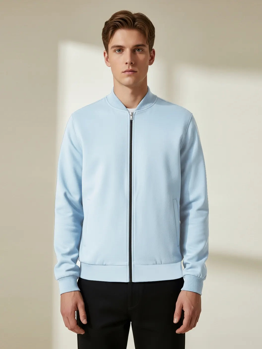 Stylish P.Q Fur Zipper Mock Neck Jacket For Men-Light Sky Blue-R3O9