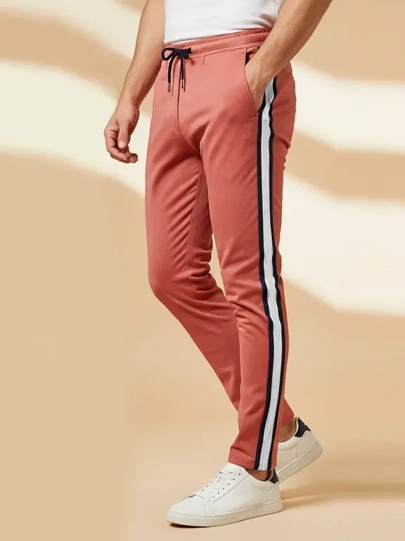 Louis Vicaci Slim Fit Active Wear Summer Trouser For Men-Coral Pink with Navy & White Stripes-SP2513