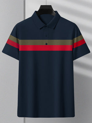 NXT Summer Polo Shirt For Men-Dark Navy With Red & Olive Stripe-BE691/BR12944