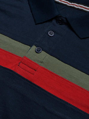 NXT Summer Polo Shirt For Men-Dark Navy With Red & Olive Stripe-BE691/BR12944