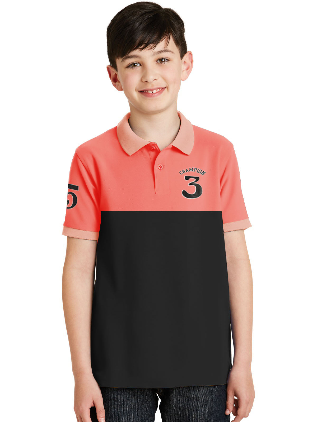 Champion Single Jersey Polo Shirt For Kids-Coral Pink & Black Panels-SP1685/RT2406
