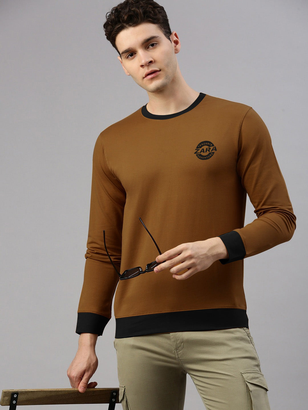 ZARA Fleece Funky Style Sweatshirt For Men-Camel with Black-BE2336