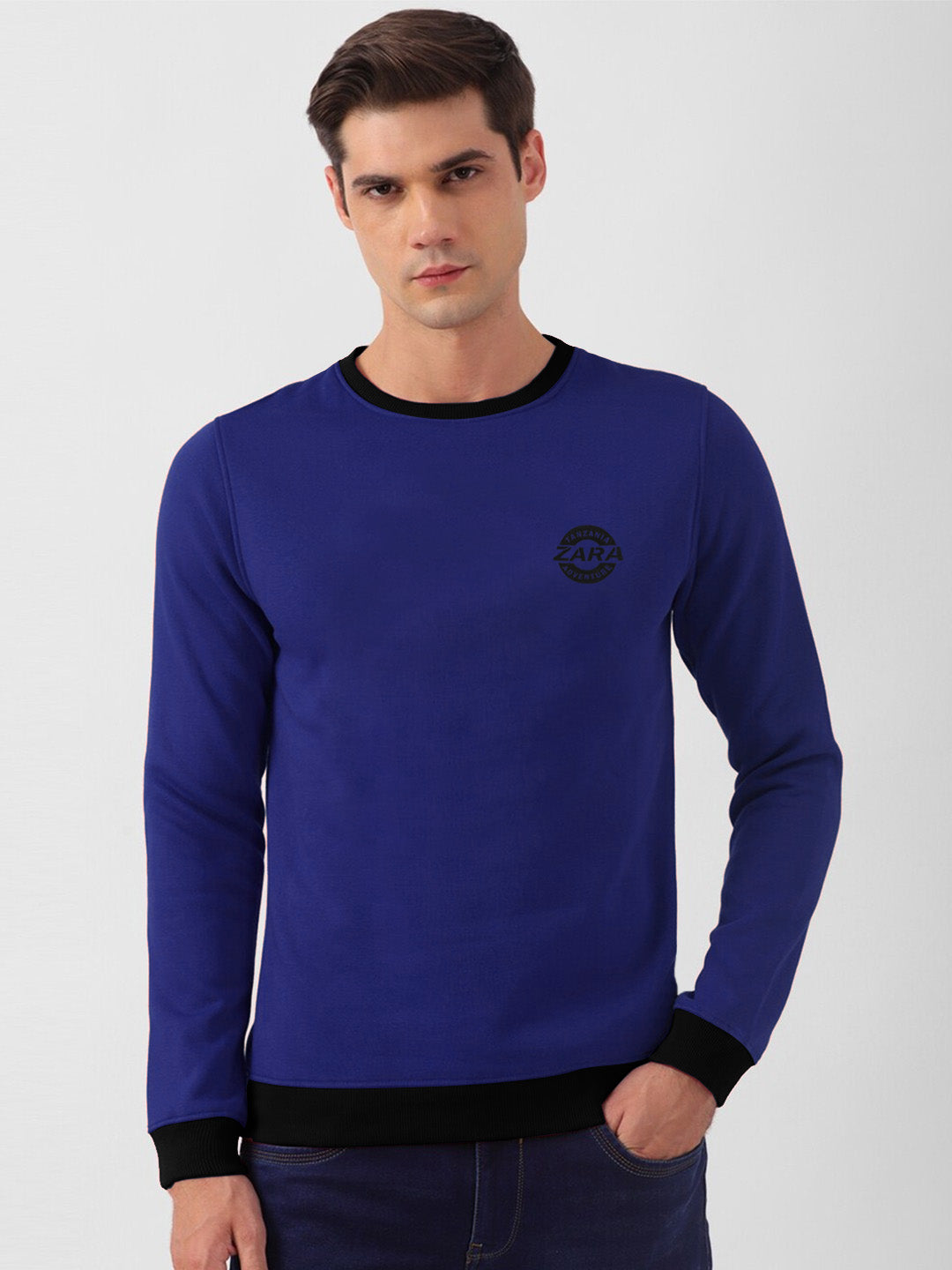 ZARA Fleece Funky Style Sweatshirt For Men-Dark Blue with Black-BE2340