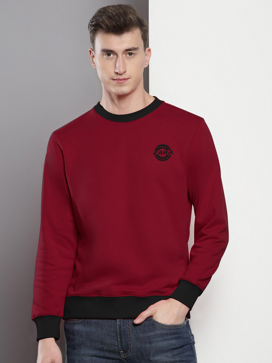 ZARA Fleece Funky Style Sweatshirt For Men-Dark Red with Black-BE2339