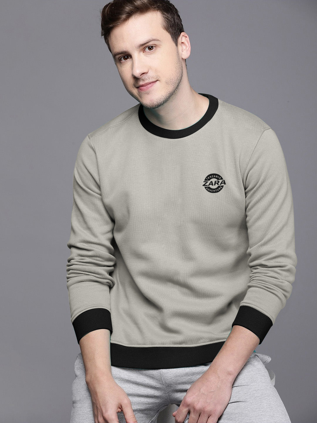 ZARA Fleece Funky Style Sweatshirt For Men-Grey with Black-BE2343