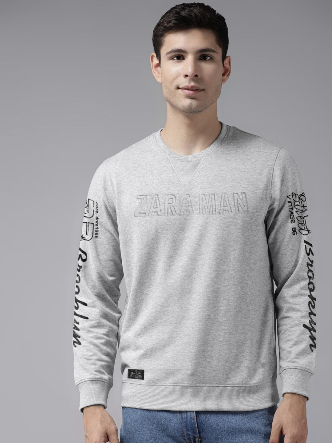 ZARA MAN Terry Fleece Sweatshirt For Men-Grey Melange-BE1202