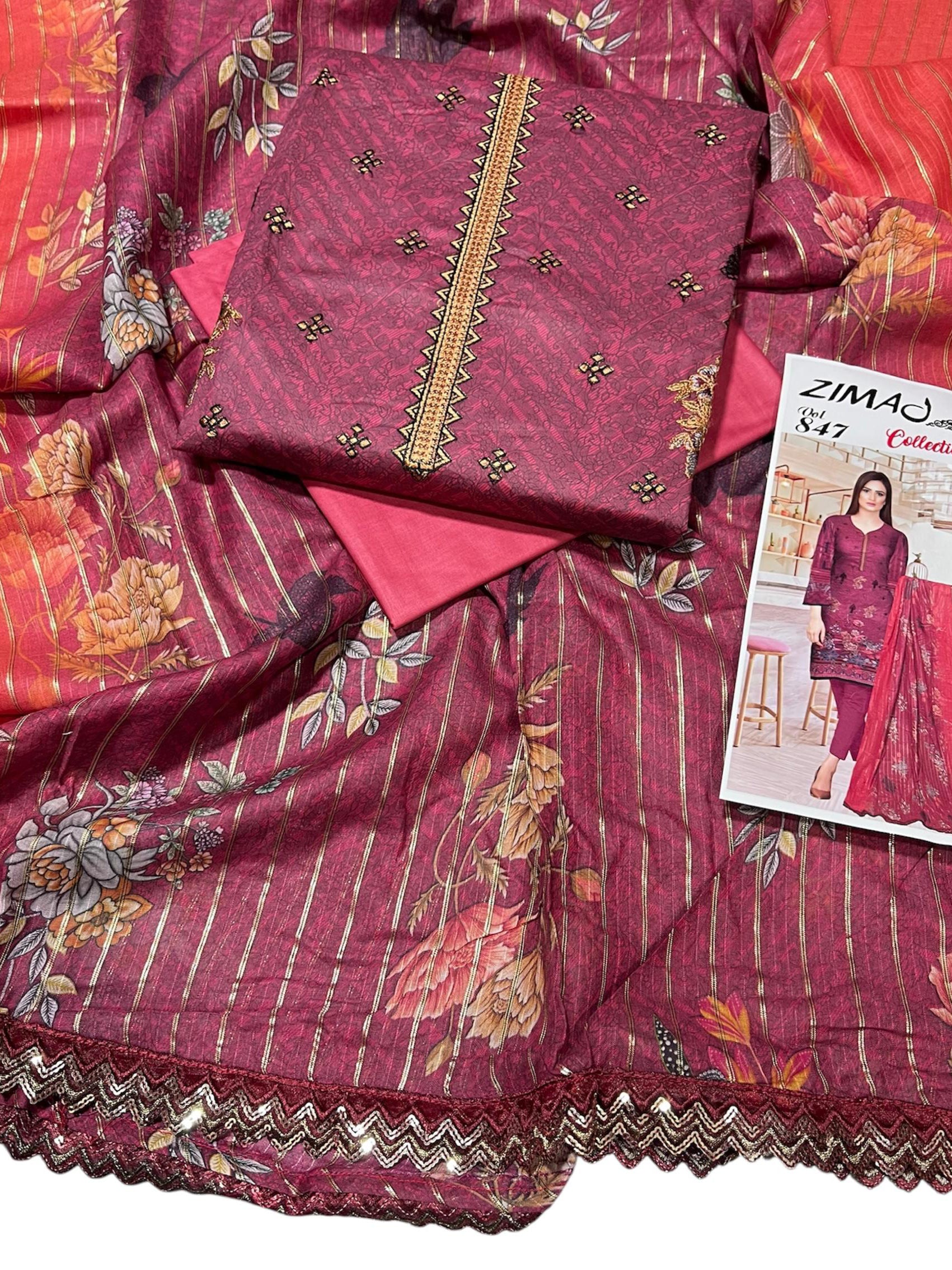 Zimal Emboidered & Printed Airjet Lawn Unstitched 3 Pcs Suit For Women-BE3006/BR14905