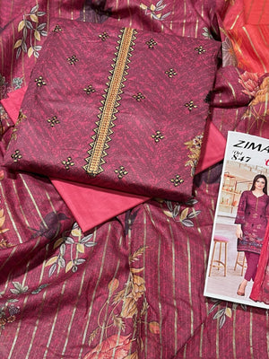 Zimal Emboidered & Printed Airjet Lawn Unstitched 3 Pcs Suit For Women-BE3006/BR14905