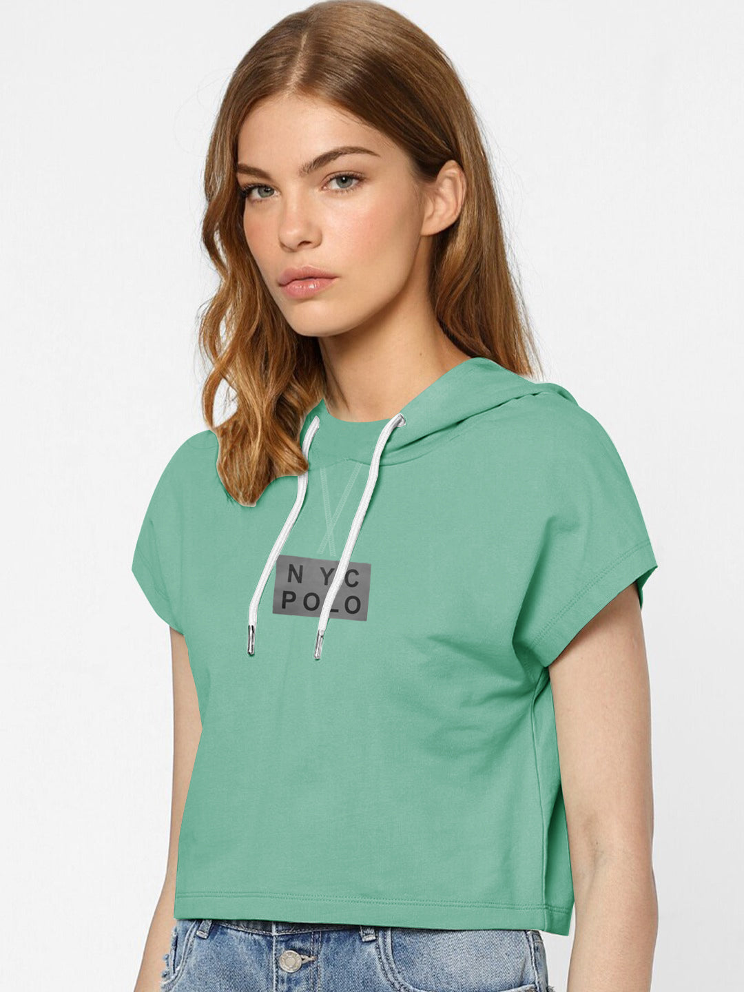 Nyc Polo Fleece Short Length Pullover Hoodie For Ladies-Cyan Green-SP1334