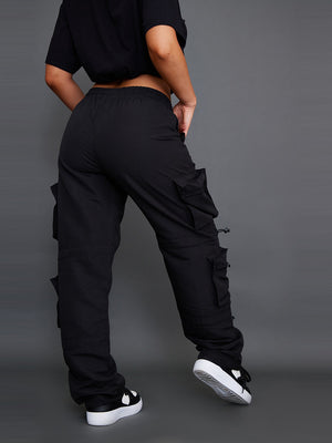 PLT Toggle Detail Cargo Trousers For Ladies-Black-SP3340