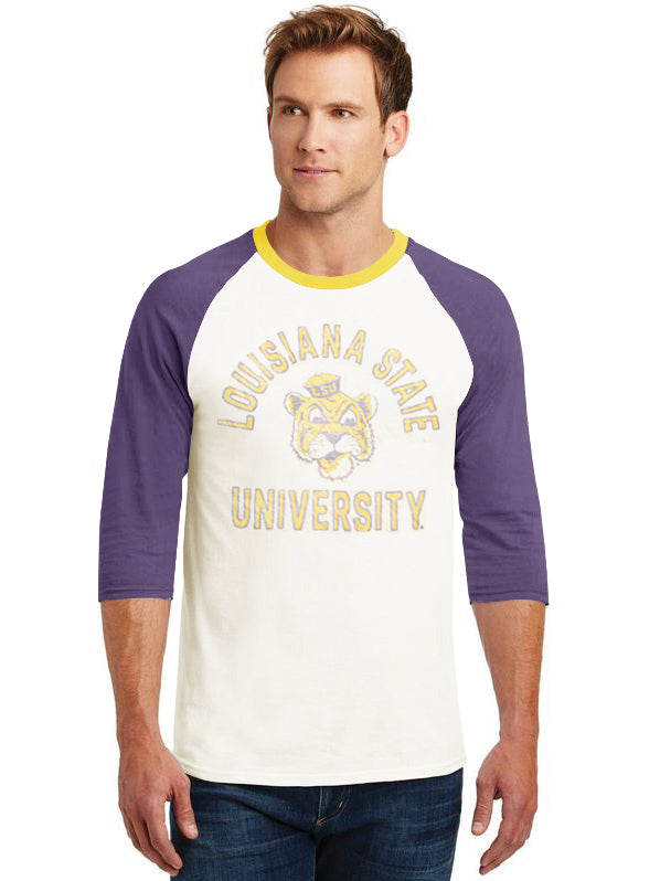 47 Raglan Sleeve Crew Neck Tee Shirt For Men-Off White & Purple with Print-SP2112