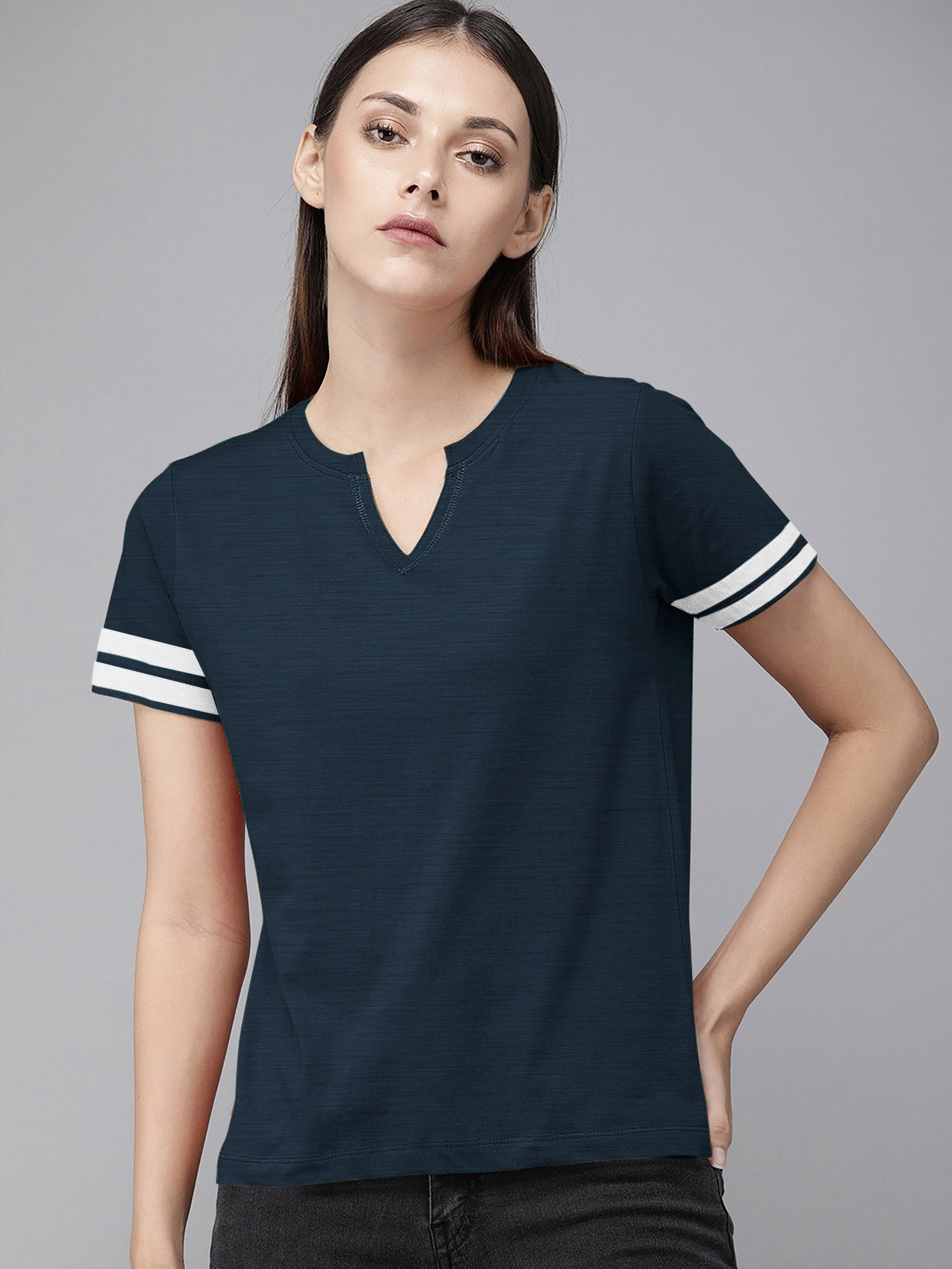 Majestic V Neck Half Sleeve Tee Shirt For Ladies-Navy Melange-SP1966