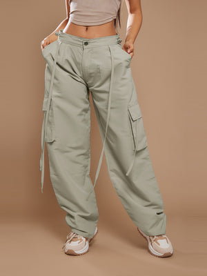 Lightweight Parachute Shell Low Rise Cargo's Jogger Trouser For Ladies-Light Olive-SP3330