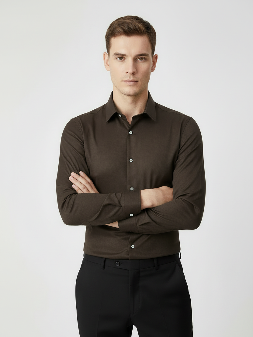 Rawgear 4 Side Lycra Slim Fit Long Sleeve Casual Shirt For Men-Dark Brown-RG04