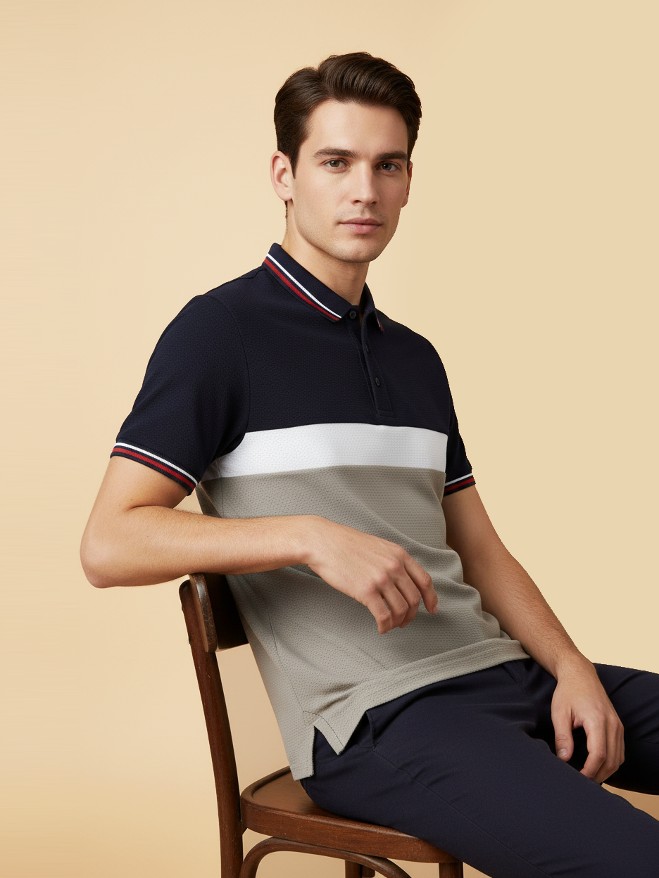 LV Summer Dry Fit Polo Shirt For Men-Navy with White & Light Taupe Panels-BE1717/BR13919