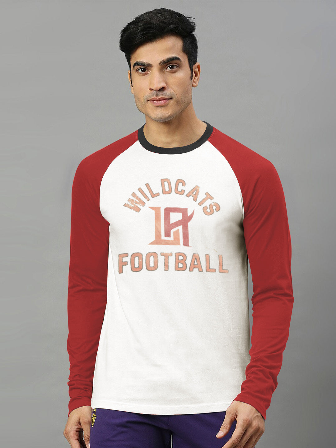 47 Raglan Sleeve Crew Neck Tee Shirt For Men-Off White & Red with Print-SP2118