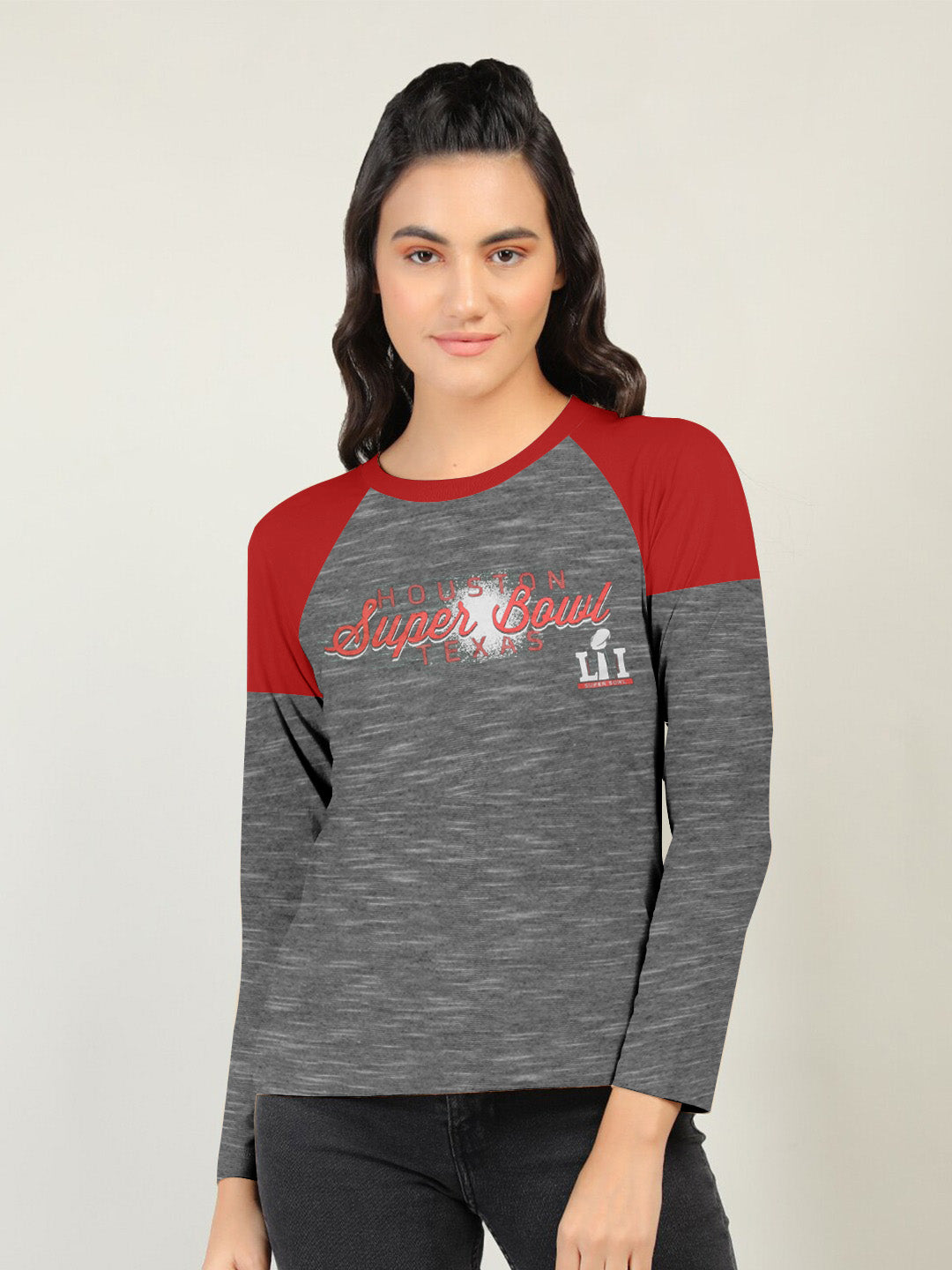 NFL Long Sleeve Crew Neck Tee Shirt For Ladies-Grey Melange & Red-SP2025