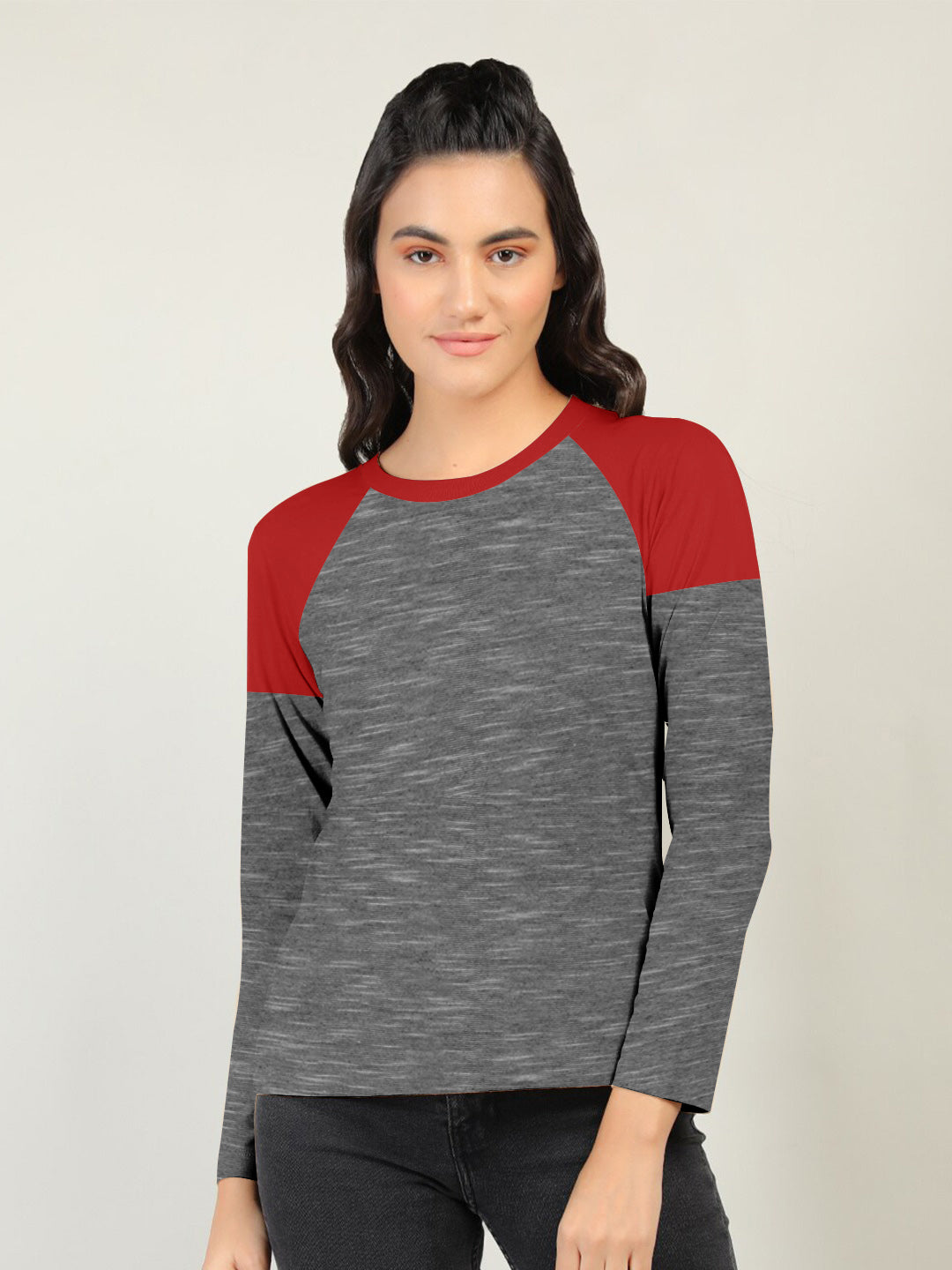 NFL Long Sleeve Crew Neck Tee Shirt For Ladies-Navy Melange & Red-SP3137