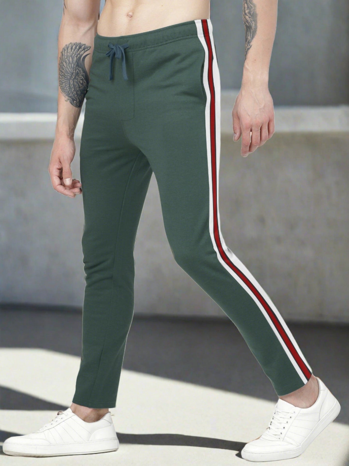 Louis Vicaci Slim Fit Active Wear Summer Trouser For Men-Forest Green with Stripes-SP2605/RT2526
