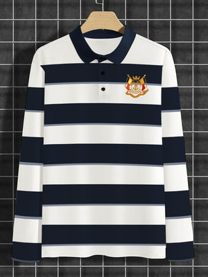 Louis Vicaci Long Sleeve Polo Shirt For Men-White & Navy Stripe-BE80